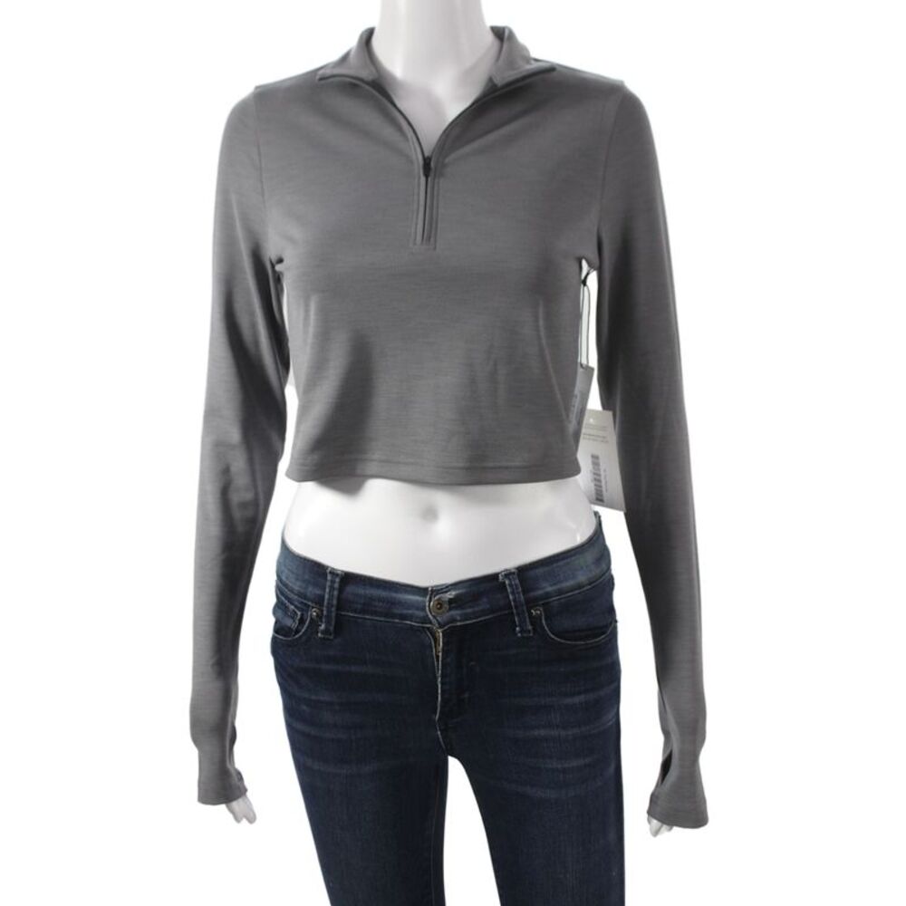 Splits 59 Women Cropped Mock Neck Long Sleeve Zip Top Gray Size S